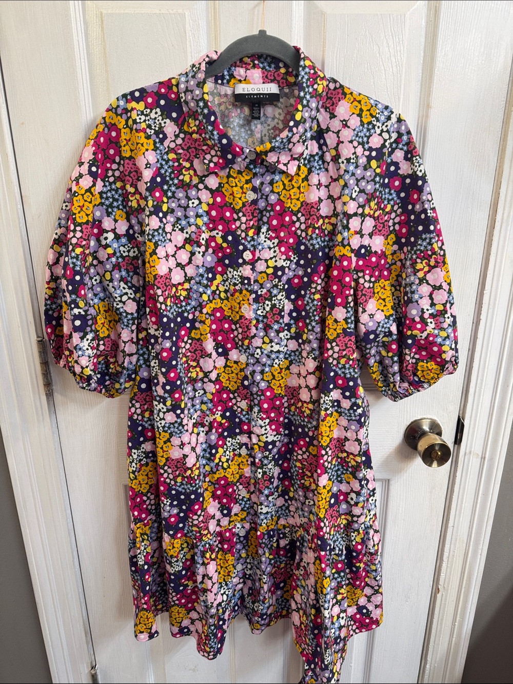 Eloquii Floral Puff-Sleeve women’s Dress in Navy, Pink & Yellow(includes belt)